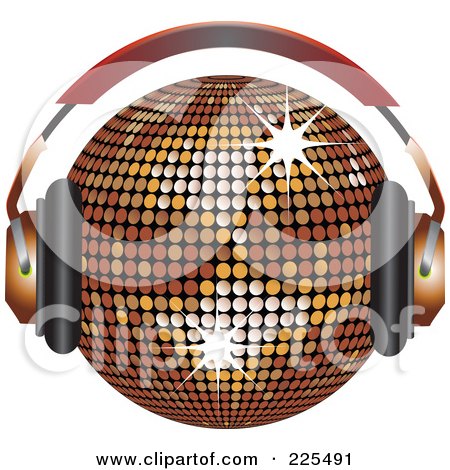 Royalty-Free (RF) Clipart Illustration of a 3d Bronze Disco Ball Wearing Headphones by elaineitalia