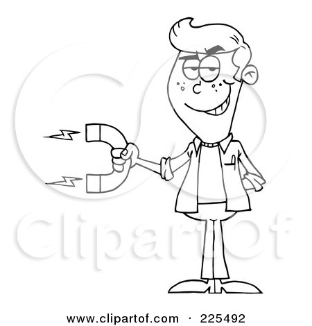 Royalty-Free (RF) Clipart Illustration of a Coloring Page Outline Of A Young Man Holding A Strong Magnet by Hit Toon
