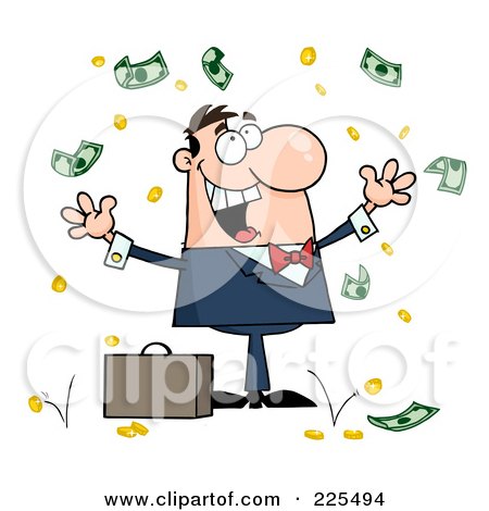 Royalty-Free (RF) Clipart Illustration of a Successful Caucasian Businessman Standing Under Falling Money by Hit Toon