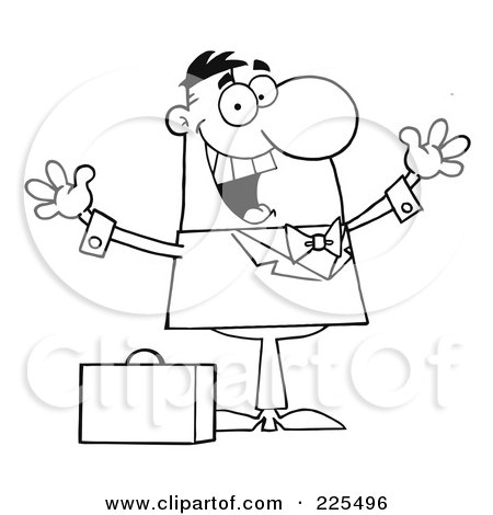 Royalty-Free (RF) Clipart Illustration of a Coloring Page Outline Of A Happy Businessman Holding His Arms Up By A Briefcase by Hit Toon