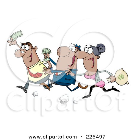 Royalty-Free (RF) Clipart Illustration of a Group Of Happy Hispanic Bidders Running With Money In Hand by Hit Toon