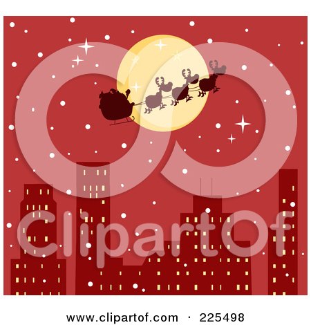Royalty-Free (RF) Clipart Illustration of a Silhouette Of Santa And Magic Reindeer In Front Of A Full Moon Over A Red City by Hit Toon