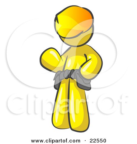 Clipart Illustration of a Friendly Yellow Construction Worker Or Handyman Wearing A Hardhat And Tool Belt And Waving by Leo Blanchette