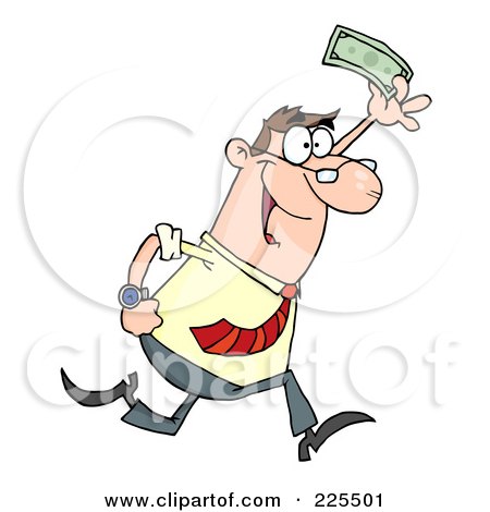 Royalty-Free (RF) Clipart Illustration of a Happy Caucasian Businessman Running And Holding Up Cash by Hit Toon