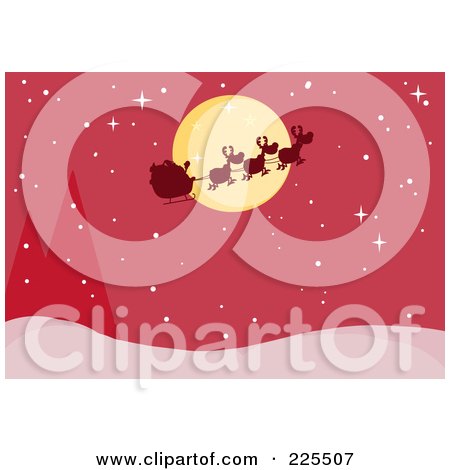Royalty-Free (RF) Clipart Illustration of a Silhouette Of Santa And Flying Reindeer In Front Of A Full Moon Over A Red Snowy Landscape by Hit Toon