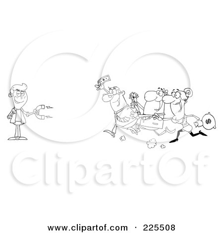 Royalty-Free (RF) Clipart Illustration of a Coloring Page Outline Of People Running Towards A Man With A Money Magnet by Hit Toon