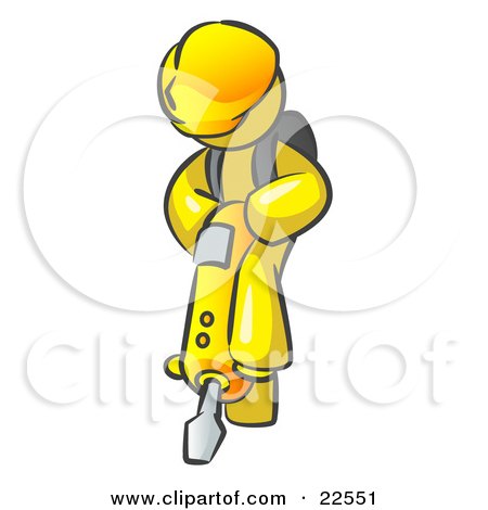 Clipart Illustration of a Yellow Construction Worker Man Wearing A Hardhat And Operating A Yellow Jackhammer While Doing Road Work by Leo Blanchette