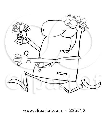 Royalty-Free (RF) Clipart Illustration of a Coloring Page Outline Of A Happy Businessman Running With Cash In Hand by Hit Toon