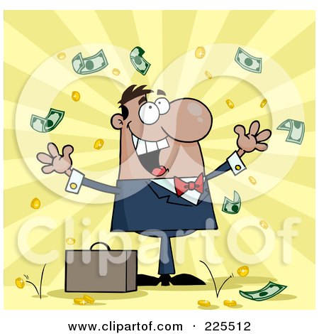 Royalty-Free (RF) Clipart Illustration of a Successful Black Businessman Standing Under Falling Money by Hit Toon