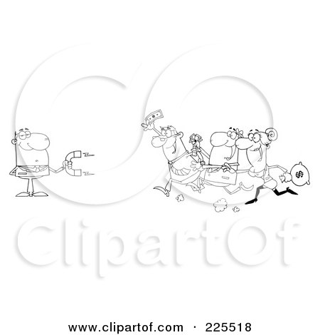 Royalty-Free (RF) Clipart Illustration of a Coloring Page Outline Of People Running Towards A Businessman With A Money Magnet by Hit Toon