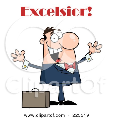 Royalty-Free (RF) Clipart Illustration of a Happy Caucasian Businessman Holding His Arms Up By A Briefcase Under Excelsior by Hit Toon