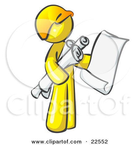 Clipart Illustration of a Yellow Man Contractor Or Architect Holding Rolled Blueprints And Designs And Wearing A Hardhat by Leo Blanchette