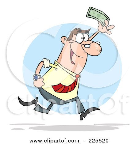Royalty-Free (RF) Clipart Illustration of a Happy White Businessman Running And Holding Up Cash by Hit Toon