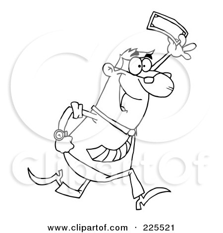 Royalty-Free (RF) Clipart Illustration of a Coloring Page Outline Of A Happy Businessman Running And Holding Up Cash by Hit Toon