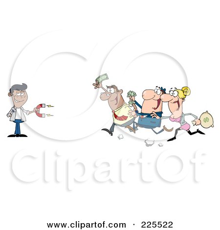 Royalty-Free (RF) Clipart Illustration of People Running Towards A Hispanic Man With A Money Magnet by Hit Toon