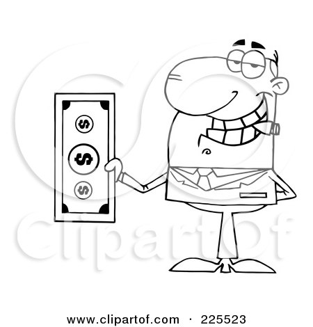 Royalty-Free (RF) Clipart Illustration of a Coloring Page Outline Of A Businessman Smoking A Cigar And Holding Cash by Hit Toon