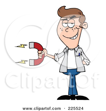 Royalty-Free (RF) Clipart Illustration of a Young Caucasian Man Holding A Strong Magnet by Hit Toon