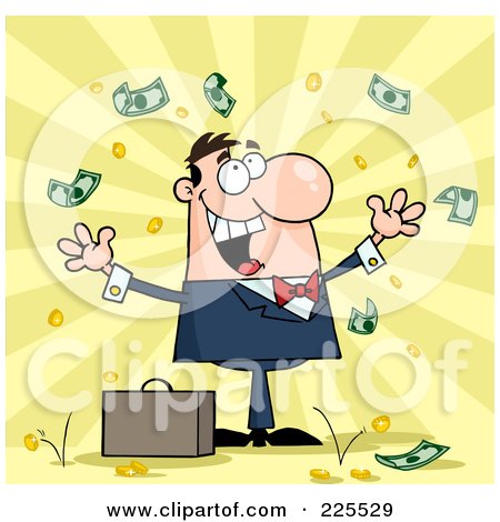 Royalty-Free (RF) Clipart Illustration of a Successful White Businessman Standing Under Falling Money by Hit Toon