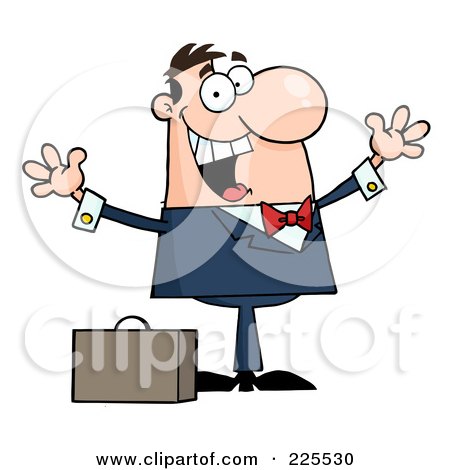 Royalty-Free (RF) Clipart Illustration of a Happy Caucasian Businessman Holding His Arms Up By A Briefcase by Hit Toon