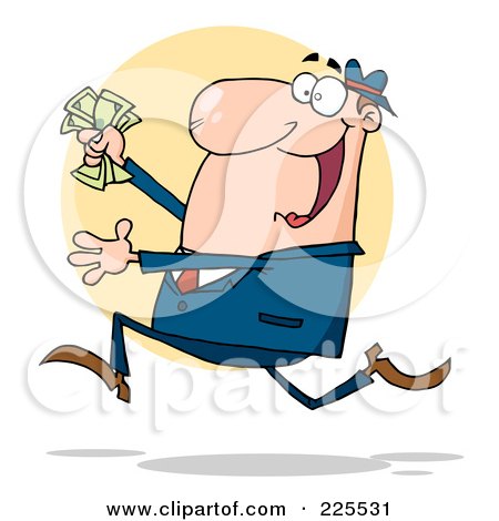 Royalty-Free (RF) Clipart Illustration of a Happy White Businessman Running With Cash In Hand by Hit Toon