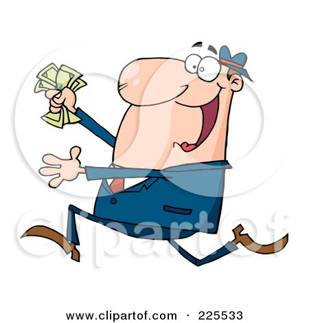 Royalty-Free (RF) Clipart Illustration of a Happy Caucasian Businessman Running With Cash In Hand by Hit Toon
