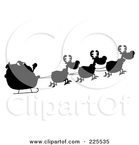 Royalty-Free (RF) Clipart Illustration of a Black Silhouetted Of Magic Reindeer And Santa's Sleigh by Hit Toon