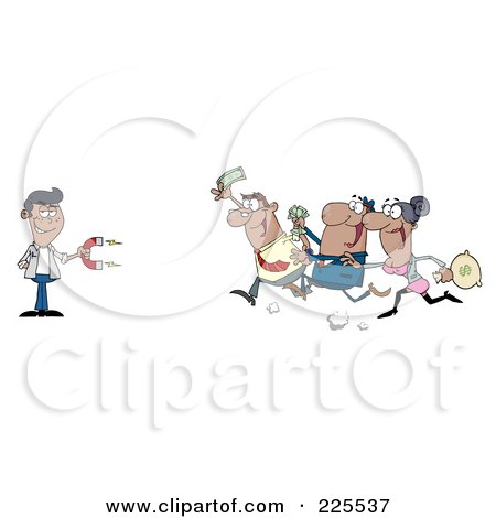 Royalty-Free (RF) Clipart Illustration of a Group Of Hispanic People Racing Towards A Hispanic Man With A Money Magnet by Hit Toon