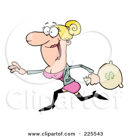 Royalty-Free (RF) Clipart Illustration of a Happy Blond Woman Running With A Money Bag by Hit Toon
