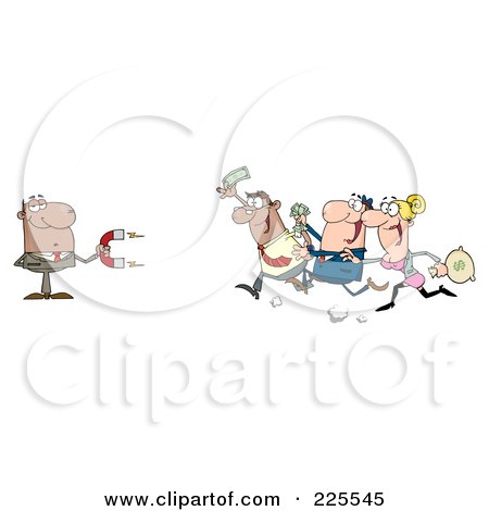 Royalty-Free (RF) Clipart Illustration of People Running Towards A Black Businessman With A Money Magnet by Hit Toon