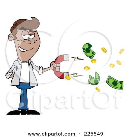 Royalty-Free (RF) Clipart Illustration of a Hispanic Man Collecting Cash With A Money Magnet by Hit Toon
