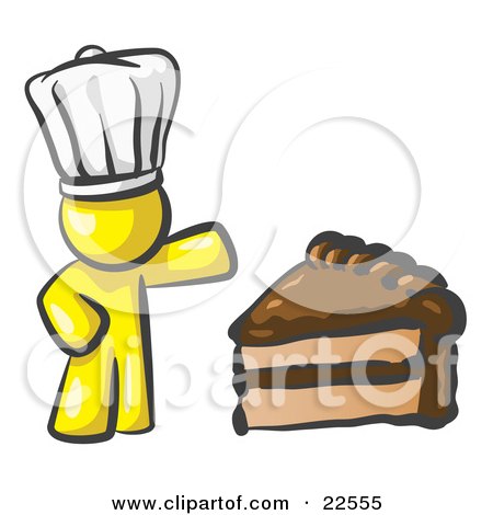 Clipart Illustration of a Yellow Chef Man Wearing A White Hat And Presenting A Tasty Slice Of Chocolate Frosted Cake by Leo Blanchette