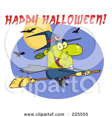 Royalty-Free (RF) Clipart Illustration of a Green Witch Flying On Her Broomstick With Bats, A Full Moon, Purple Oval And Happy Halloween Text by Hit Toon