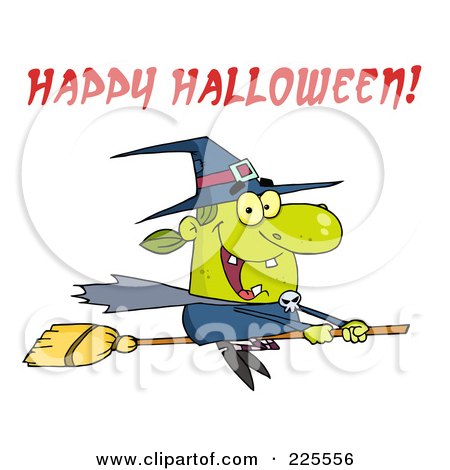Royalty-Free (RF) Clipart Illustration of a Green Witch Flying On Her Broomstick With Red Happy Halloween Text by Hit Toon