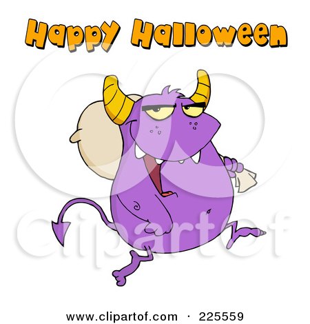Royalty-Free (RF) Clipart Illustration of Happy Halloween Text Over A Purple Monster Carrying A Sack Over His Shoulder by Hit Toon