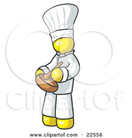 Clipart Illustration of a Yellow Baker Chef Cook in Uniform and Chef's Hat, Stirring Ingredients in a Bowl by Leo Blanchette