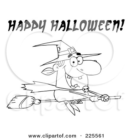 Royalty-Free (RF) Clipart Illustration of a Coloring Page Outline Of A Witch Flying On Her Broomstick With Happy Halloween Text by Hit Toon