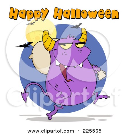 Royalty-Free (RF) Clipart Illustration of Happy Halloween Text Over A Purple Monster Carrying A Bag Over His Shoulder by Hit Toon