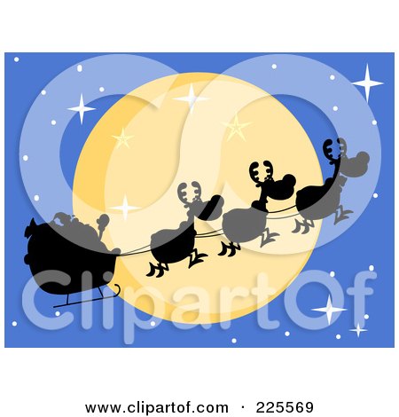 Royalty-Free (RF) Clipart Illustration of a Silhouette Of Santa And Magic Reindeer In Front Of A Full Moon In A Blue Sky by Hit Toon
