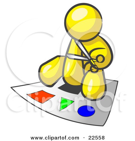 Clipart Illustration of a Yellow Man Holding A Pair Of Scissors And Sitting On A Large Poster Board With Colorful Shapes by Leo Blanchette