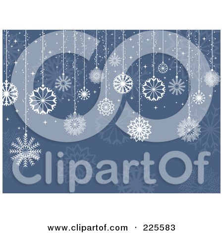 Royalty-Free (RF) Clipart Illustration of a Blue Christmas Background Of Snowflakes And Suspended Christmas Balls by KJ Pargeter