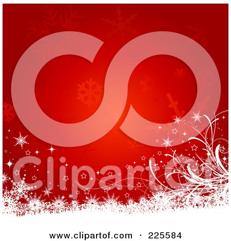 Royalty-Free (RF) Clipart Illustration of a Red Christmas Background With Snowflakes, Foliage And White Snow by KJ Pargeter