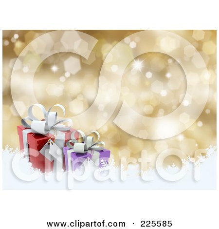 Royalty-Free (RF) Clipart Illustration of a Golden Christmas Background Of Two 3d Gifts On Snow by KJ Pargeter