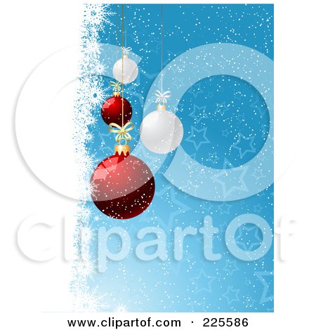 Royalty-Free (RF) Clipart Illustration of a Vertical Christmas Background Of Red And White Baubles Over Blue Stars And A Border Of Snow Grunge by KJ Pargeter