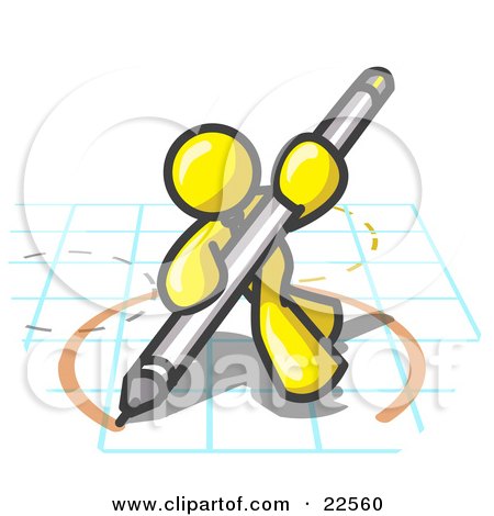 Clipart Illustration of a Yellow Man Holding a Pencil and Drawing a Circle on a Blueprint by Leo Blanchette