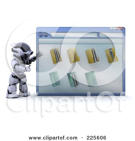 Royalty-Free (RF) Clipart Illustration of a 3d Robot Standing And Presenting A Computer Window by KJ Pargeter