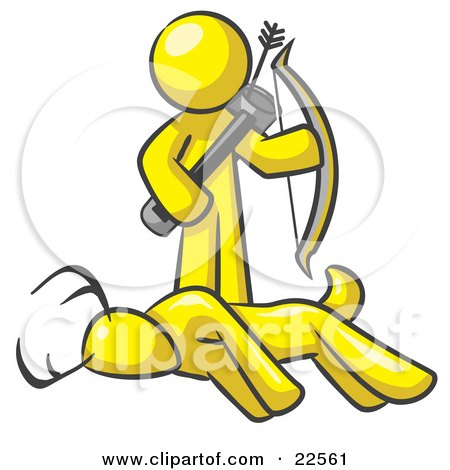 Clipart Illustration of a Yellow Man, A Hunter, Holding A Bow And Arrow Over A Dead Buck Deer by Leo Blanchette