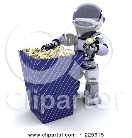 Royalty-Free (RF) Clipart Illustration of a 3d Robot Eating From A Large Popcorn Container by KJ Pargeter
