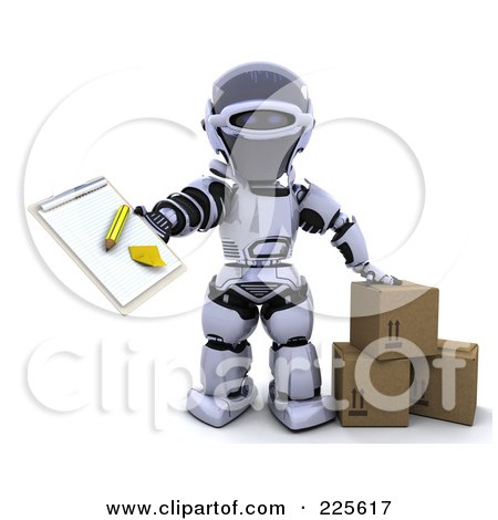 Royalty-Free (RF) Clipart Illustration of a 3d Robot Standing With Parcels And Holding Out A Clipboard by KJ Pargeter