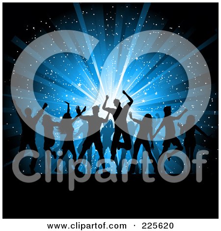 Royalty-Free (RF) Clipart Illustration of Silhouetted Dancing People Over A Blue Star Burst Christmas Background by KJ Pargeter