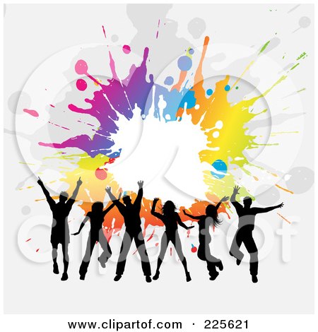Royalty-Free (RF) Clipart Illustration of Silhouetted Jumping Adults Against A Gray Background With Colorful Splatters by KJ Pargeter